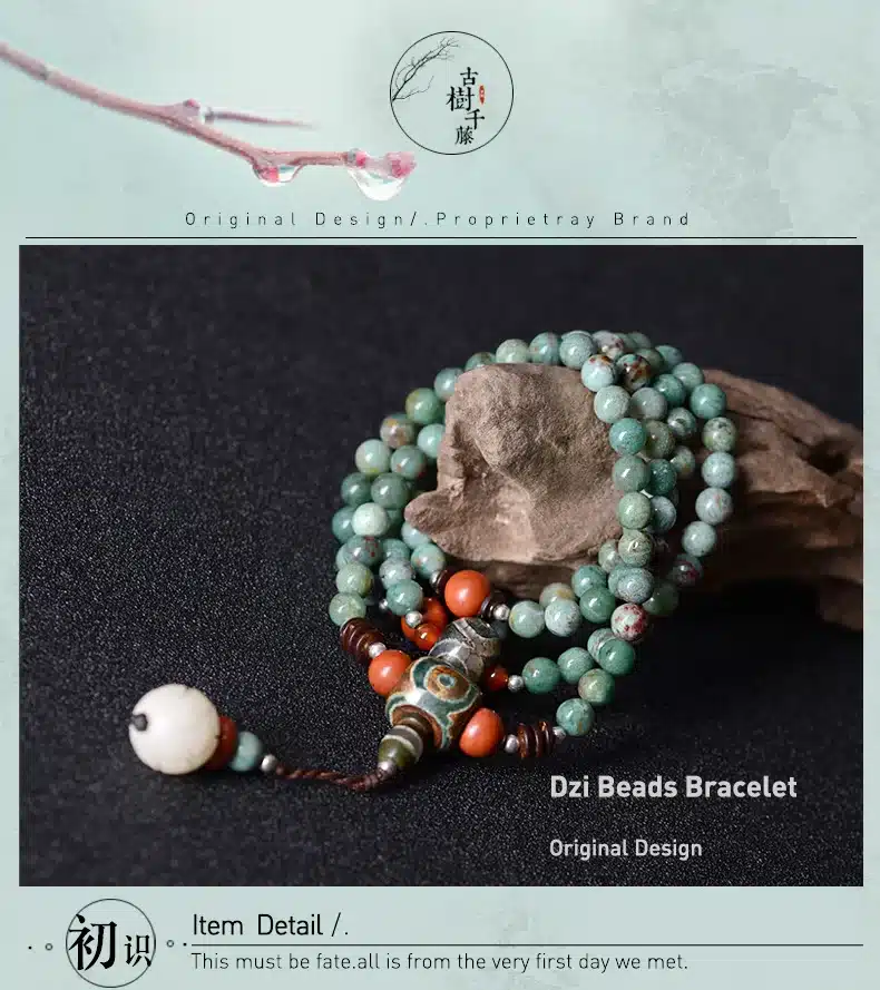 ethnic unisex beaded bracelet green dragon blood stone long chain Dzi beads pendant necklace style 2017 fashion jewelry 11
