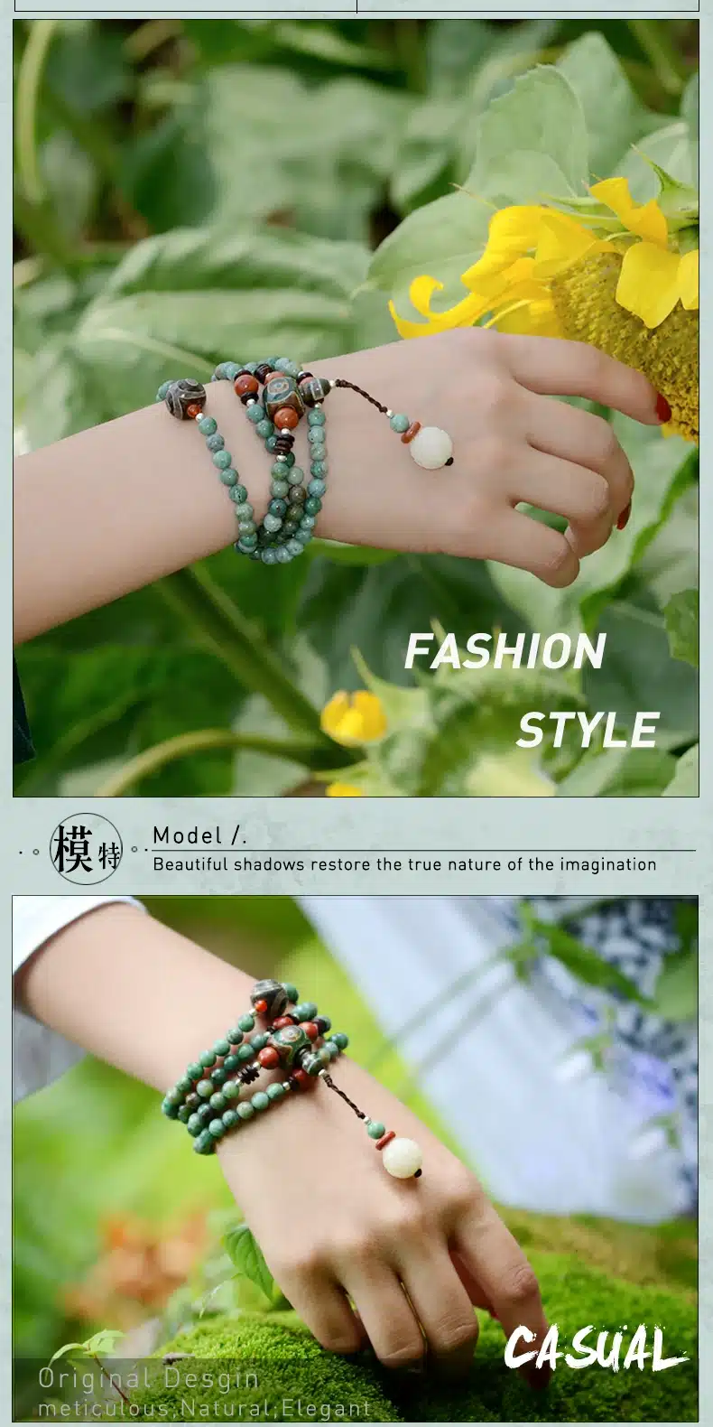 ethnic unisex beaded bracelet green dragon blood stone long chain Dzi beads pendant necklace style 2017 fashion jewelry 13