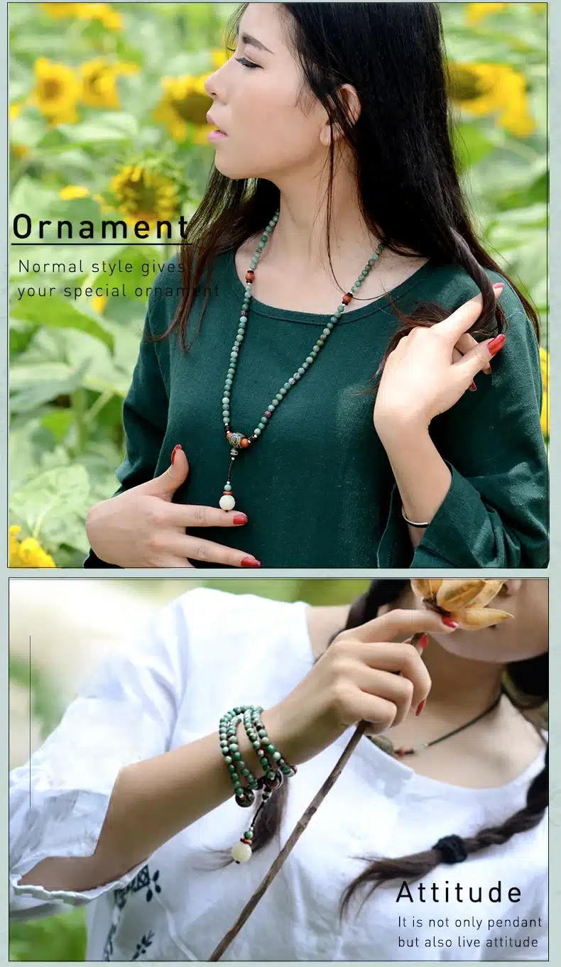 ethnic unisex beaded bracelet green dragon blood stone long chain Dzi beads pendant necklace style 2017 fashion jewelry 14