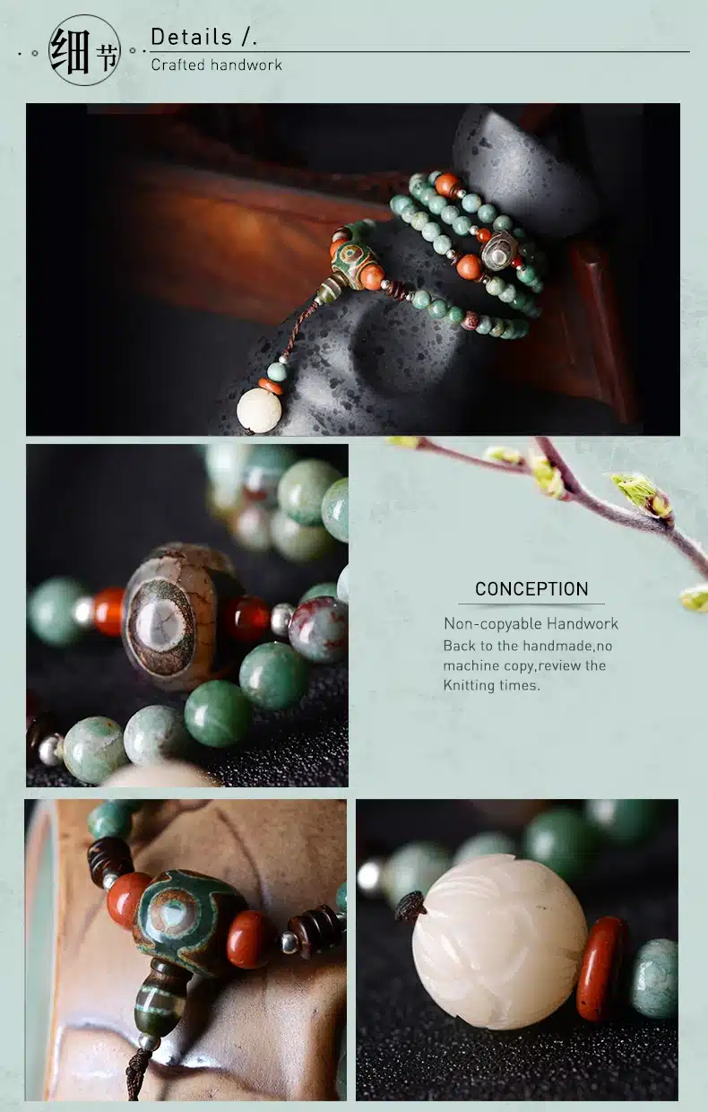 ethnic unisex beaded bracelet green dragon blood stone long chain Dzi beads pendant necklace style 2017 fashion jewelry 15