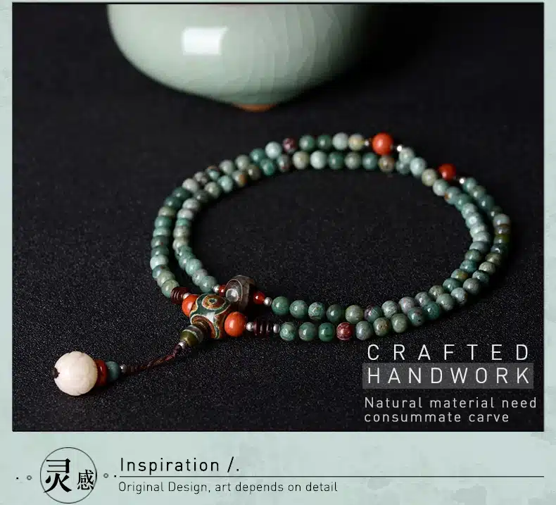 ethnic unisex beaded bracelet green dragon blood stone long chain Dzi beads pendant necklace style 2017 fashion jewelry 16