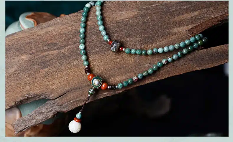 ethnic unisex beaded bracelet green dragon blood stone long chain Dzi beads pendant necklace style 2017 fashion jewelry 18