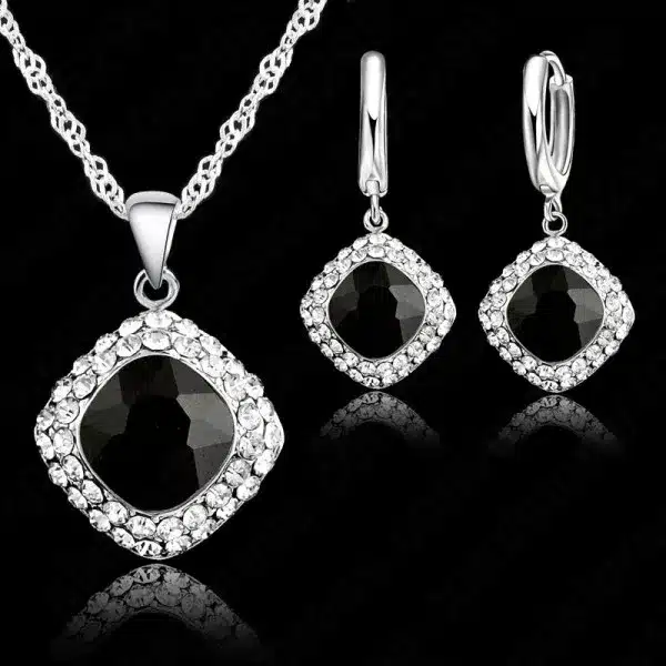 JEXXI Hot Sale 6 Colors 925 Sterling Silver Jewelry Set Short Chain Charm Pendant Necklace Earring Crystal Set for Women 5
