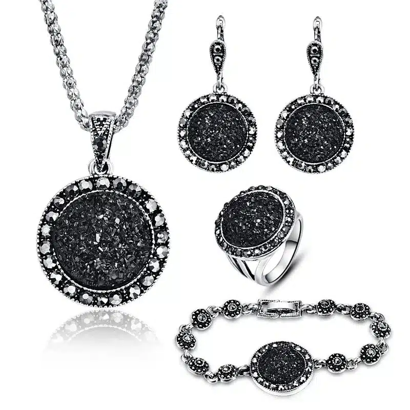 Wholesale Vintage Black Jewelry Set Fashion Women Jewelry Set Antique Silver Color Crystal Round Stone Pendant Necklace Sets 4Pc 9