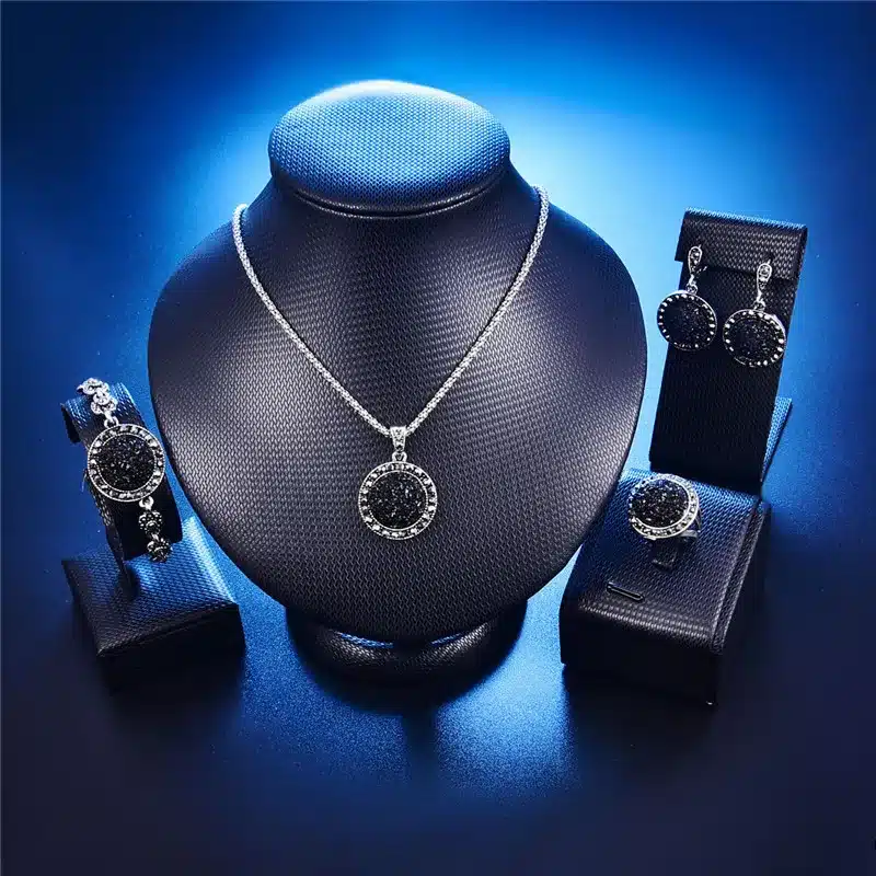 Wholesale Vintage Black Jewelry Set Fashion Women Jewelry Set Antique Silver Color Crystal Round Stone Pendant Necklace Sets 4Pc 11