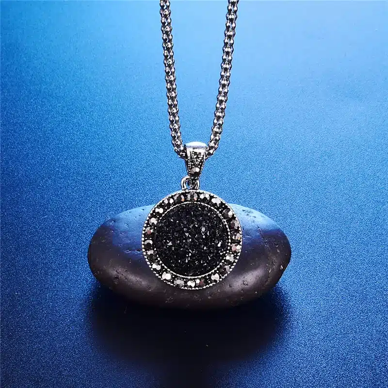 Wholesale Vintage Black Jewelry Set Fashion Women Jewelry Set Antique Silver Color Crystal Round Stone Pendant Necklace Sets 4Pc 12