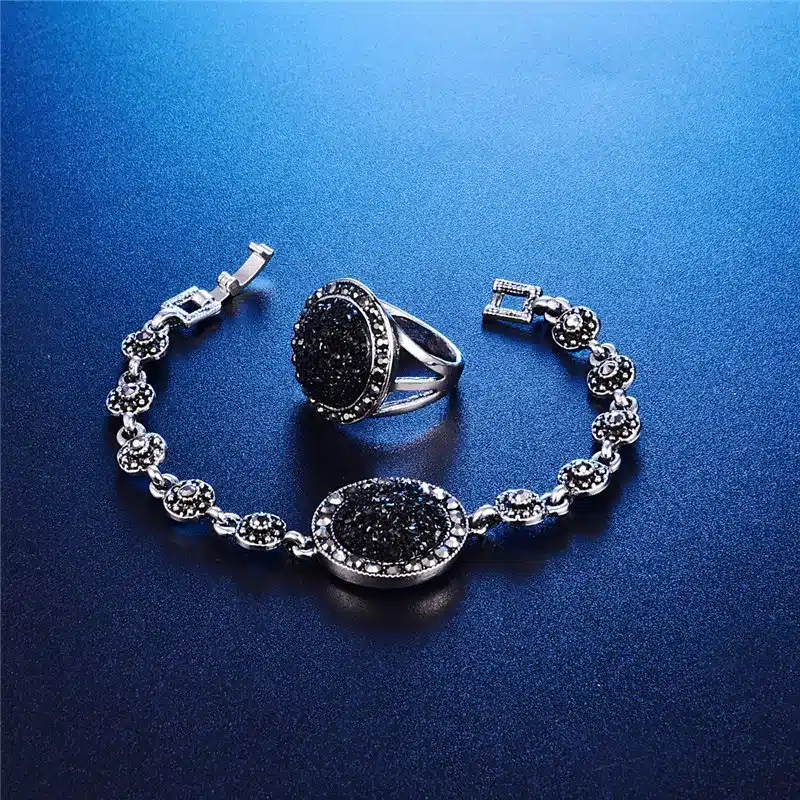 Wholesale Vintage Black Jewelry Set Fashion Women Jewelry Set Antique Silver Color Crystal Round Stone Pendant Necklace Sets 4Pc 13
