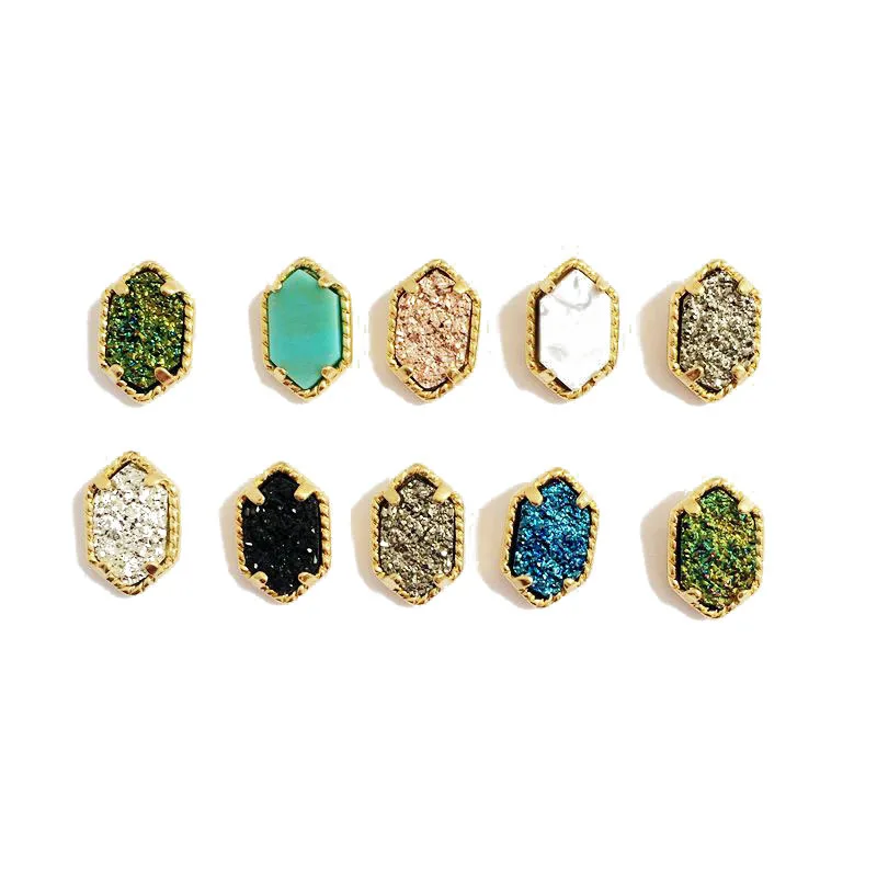 10 colors drusy hexagon stud earrings imitation crystal stone druzy earings gold colour cute brand jewelry For women KS 17 9