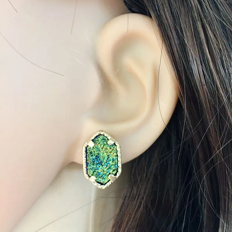 10 colors drusy hexagon stud earrings imitation crystal stone druzy earings gold colour cute brand jewelry For women KS 17 10
