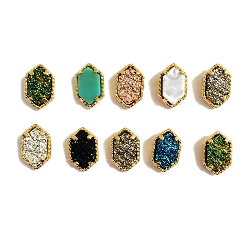 10 colors drusy hexagon stud earrings imitation crystal stone druzy earings gold colour cute brand jewelry For women KS 17 11