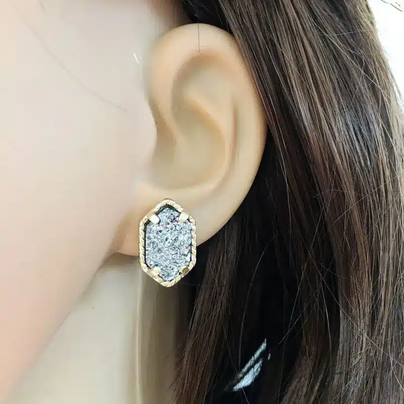 10 colors drusy hexagon stud earrings imitation crystal stone druzy earings gold colour cute brand jewelry For women KS 17 12