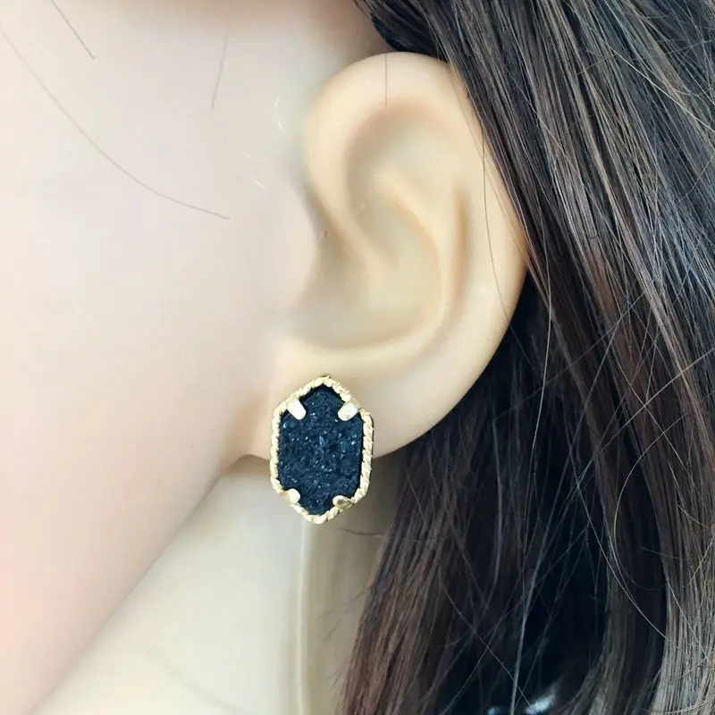 10 colors drusy hexagon stud earrings imitation crystal stone druzy earings gold colour cute brand jewelry For women KS 17 15