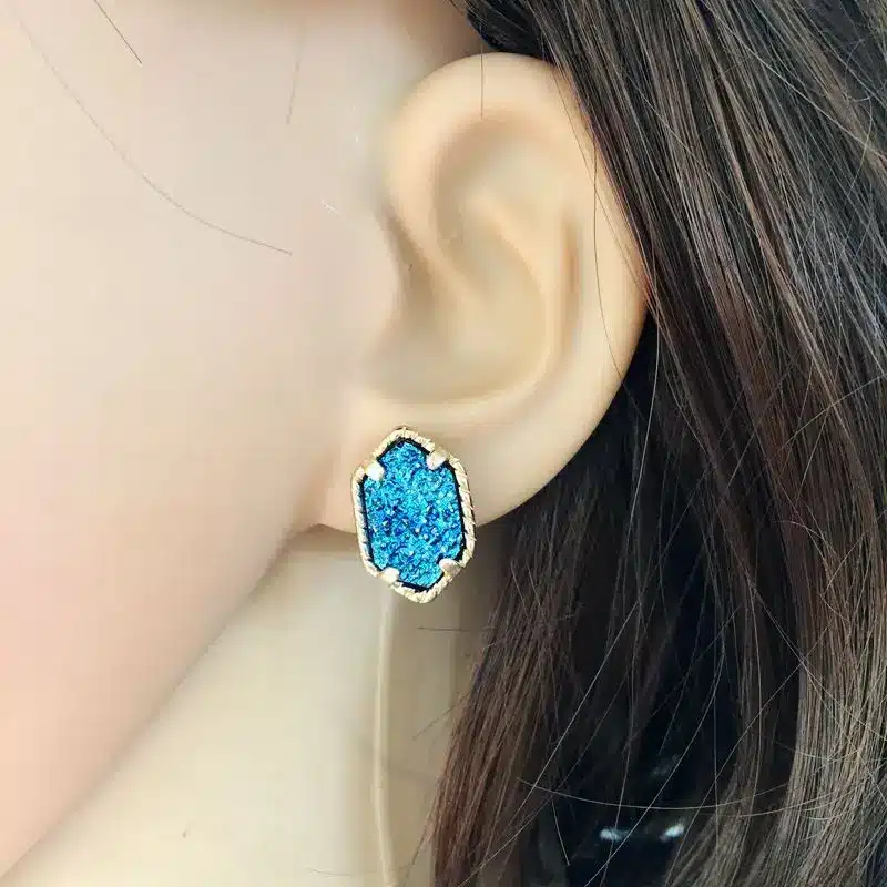 10 colors drusy hexagon stud earrings imitation crystal stone druzy earings gold colour cute brand jewelry For women KS 17 16