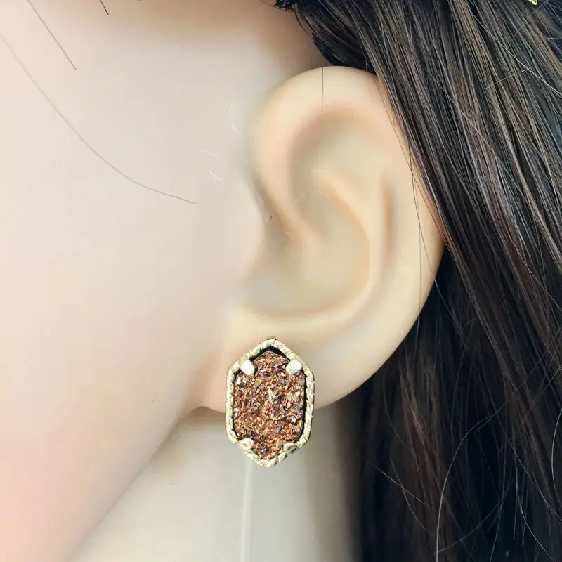 10 colors drusy hexagon stud earrings imitation crystal stone druzy earings gold colour cute brand jewelry For women KS 17 17
