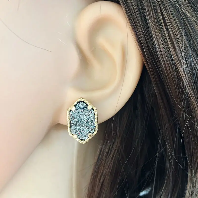 10 colors drusy hexagon stud earrings imitation crystal stone druzy earings gold colour cute brand jewelry For women KS 17 18