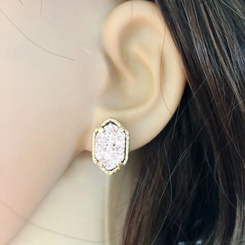 10 colors drusy hexagon stud earrings imitation crystal stone druzy earings gold colour cute brand jewelry For women KS 17 19