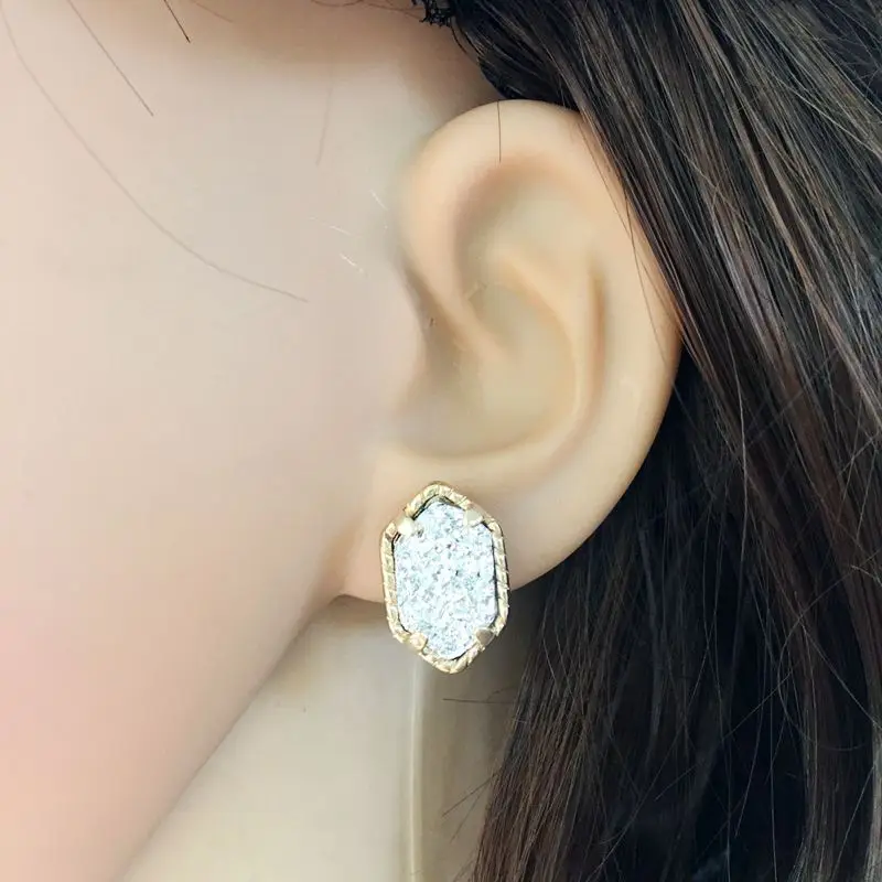 10 colors drusy hexagon stud earrings imitation crystal stone druzy earings gold colour cute brand jewelry For women KS 17 20