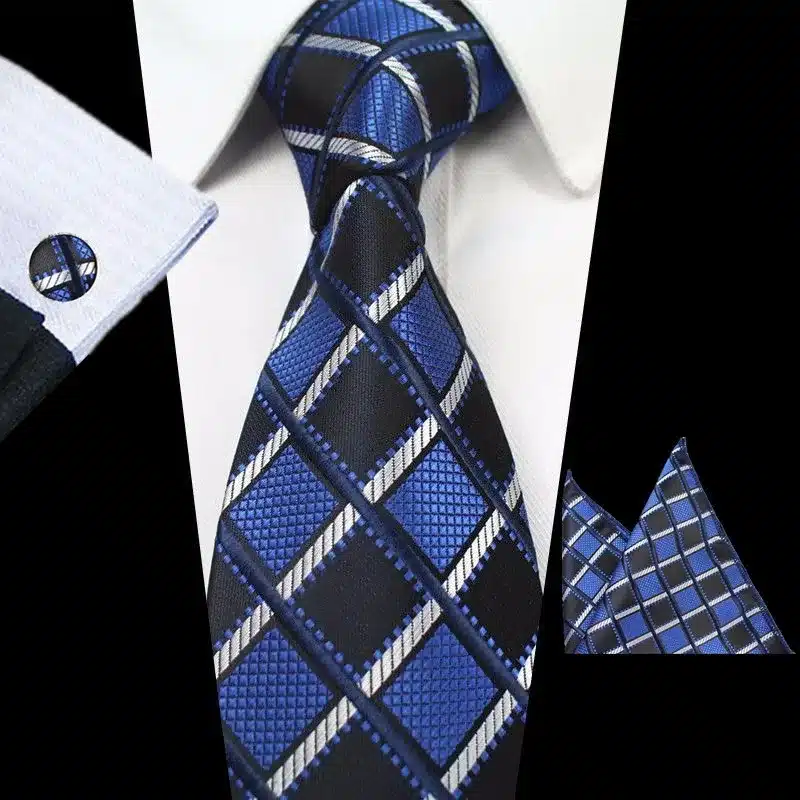 JEMYGINS New Fashion Plaid Tie Set 100% Silk Jacquard Men Necktie Gravata Hanky Cufflinks Set Pocket Square Mens Tie for Wedding 33