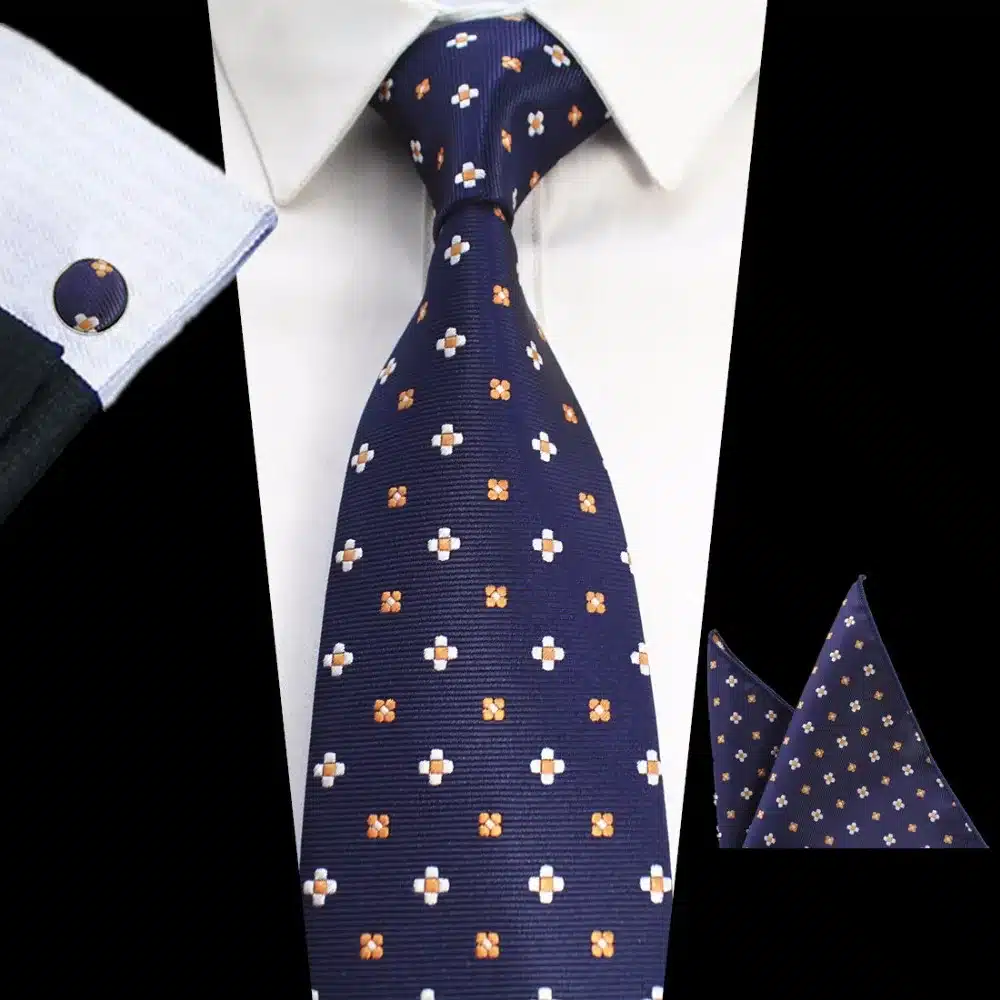 GUSLESON New Design 8cm Plaid Striped Tie Set Jacquard Woven Mens Necktie Gravata Hanky Cufflinks Set Mens Tie for Wedding Party 26