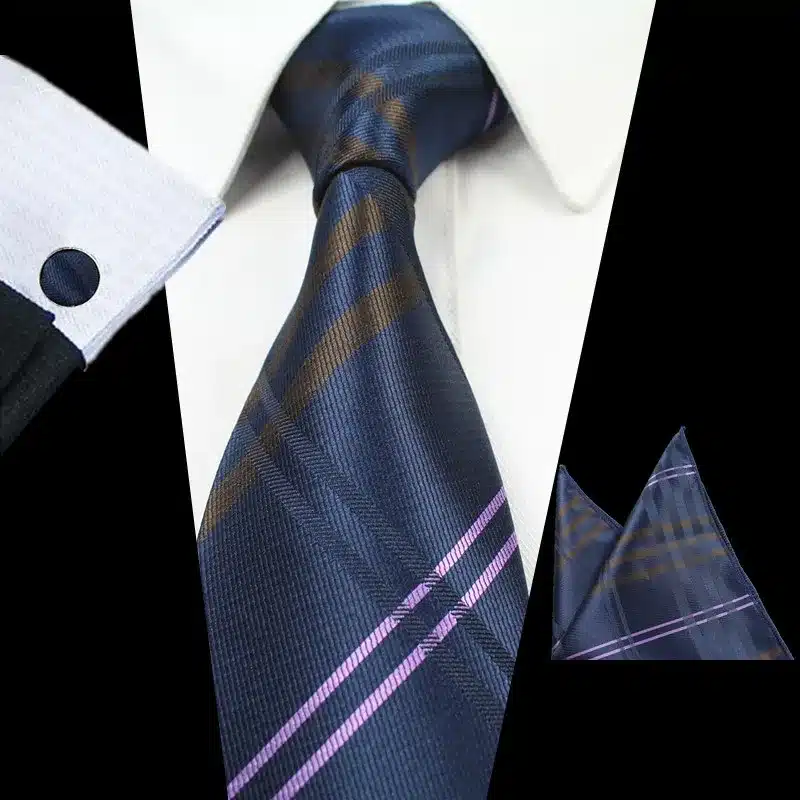 RBOCOTT Classic 8cm Tie Set For Men Silk Jacquard Woven Plaid Ties Handkerchief Cufflinks Set Mens Striped Wedding Necktie 11