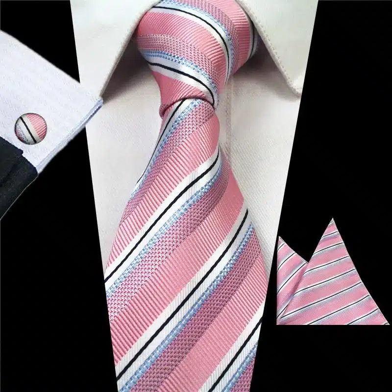 RBOCOTT Classic 8cm Tie Set For Men Silk Jacquard Woven Plaid Ties Handkerchief Cufflinks Set Mens Striped Wedding Necktie 17