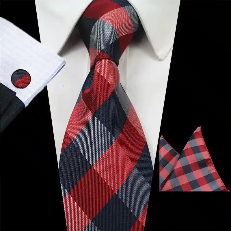 RBOCOTT Classic 8cm Tie Set For Men Silk Jacquard Woven Plaid Ties Handkerchief Cufflinks Set Mens Striped Wedding Necktie 26