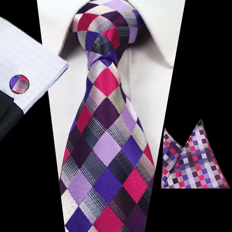 JEMYGINS Plaid Paisley Tie Set Silk Jacquard Mens Necktie Gravata Hanky Cufflinks Set Pocket Handkerchief Mens Tie for Wedding 28