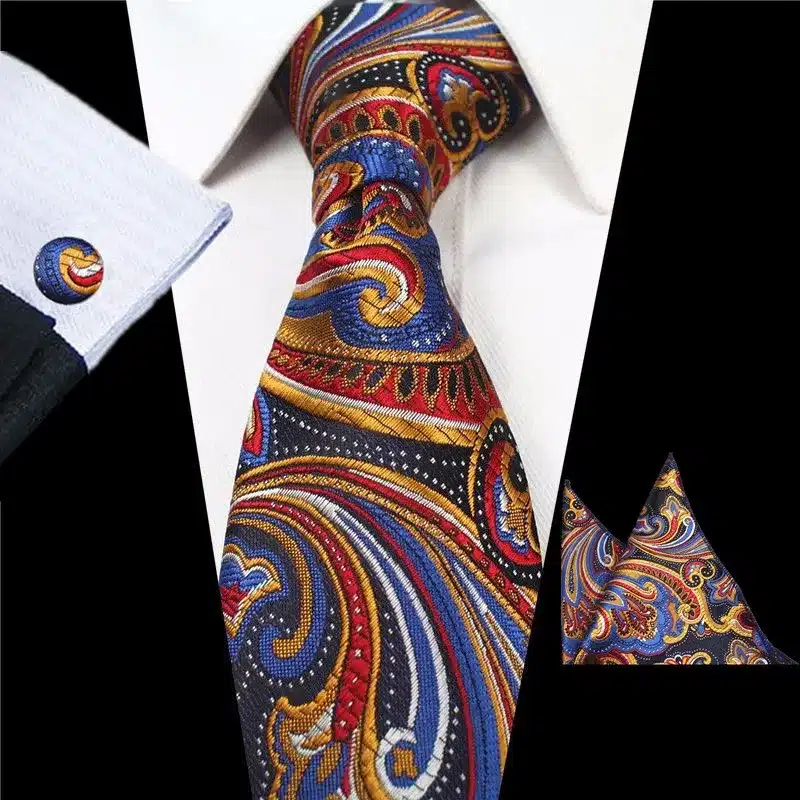 JEMYGINS Plaid Paisley Tie Set Silk Jacquard Mens Necktie Gravata Hanky Cufflinks Set Pocket Handkerchief Mens Tie for Wedding 30