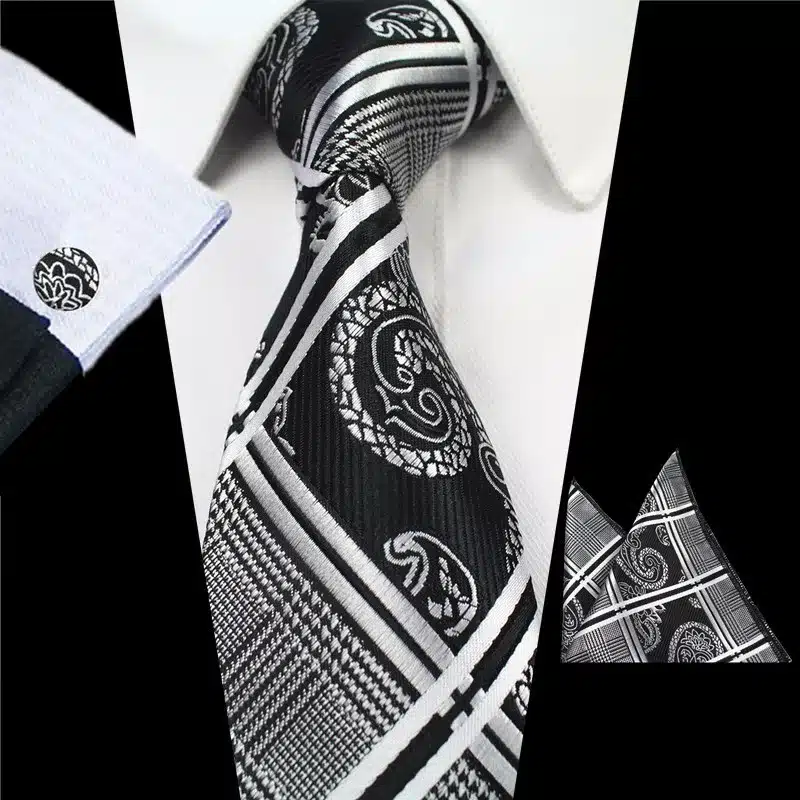 JEMYGINS Plaid Paisley Tie Set Silk Jacquard Mens Necktie Gravata Hanky Cufflinks Set Pocket Handkerchief Mens Tie for Wedding 31
