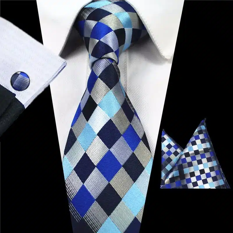JEMYGINS Plaid Paisley Tie Set Silk Jacquard Mens Necktie Gravata Hanky Cufflinks Set Pocket Handkerchief Mens Tie for Wedding 32