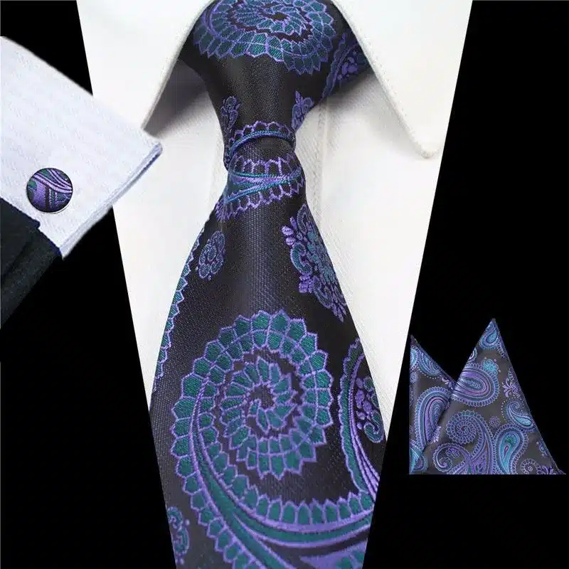 JEMYGINS Plaid Paisley Tie Set Silk Jacquard Mens Necktie Gravata Hanky Cufflinks Set Pocket Handkerchief Mens Tie for Wedding 33