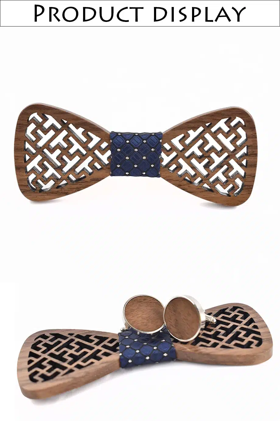 New design geometric carved wooden Cufflinks Tie set Shirt Cufflinks Tie Suit wooden package bow ties for men stropdas 1