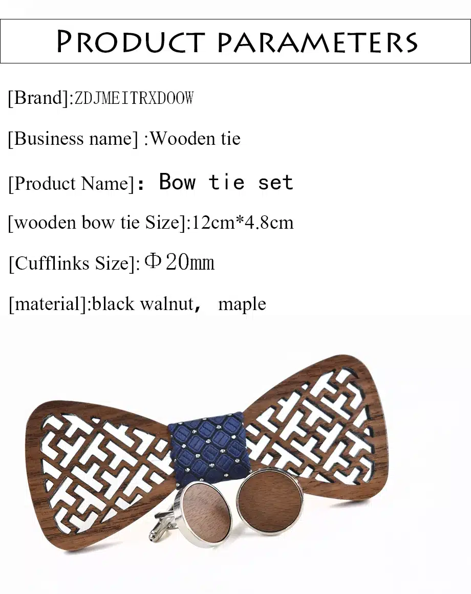New design geometric carved wooden Cufflinks Tie set Shirt Cufflinks Tie Suit wooden package bow ties for men stropdas 2