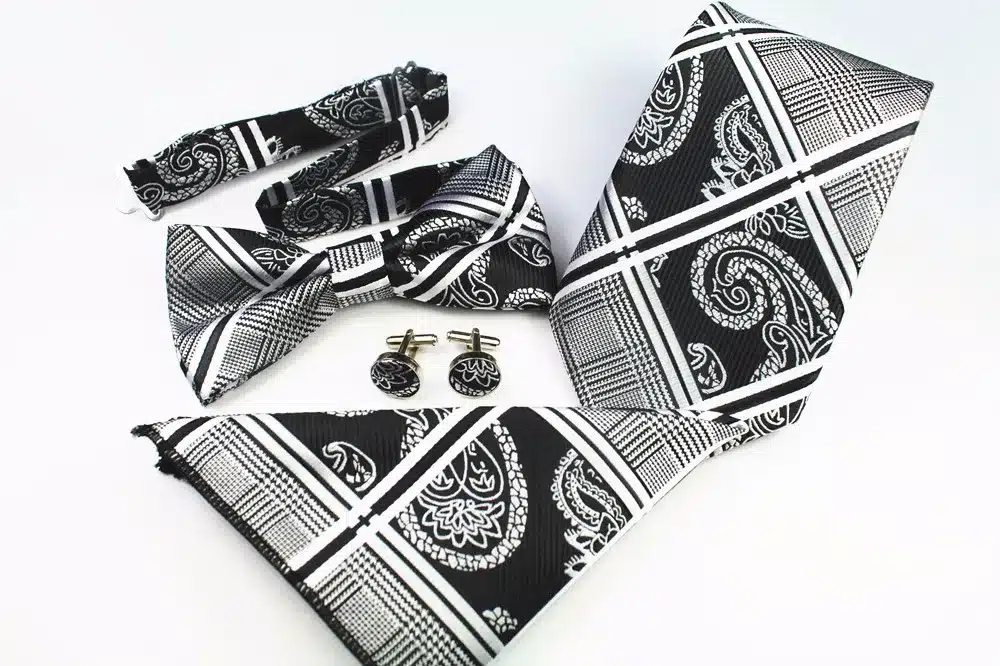 GUSLESON New Plaid Paisley Tie Set 100% Silk Jacquard Mens Necktie Gravata Hanky Cufflinks Bowtie Set Mens Tie for Wedding Party 15