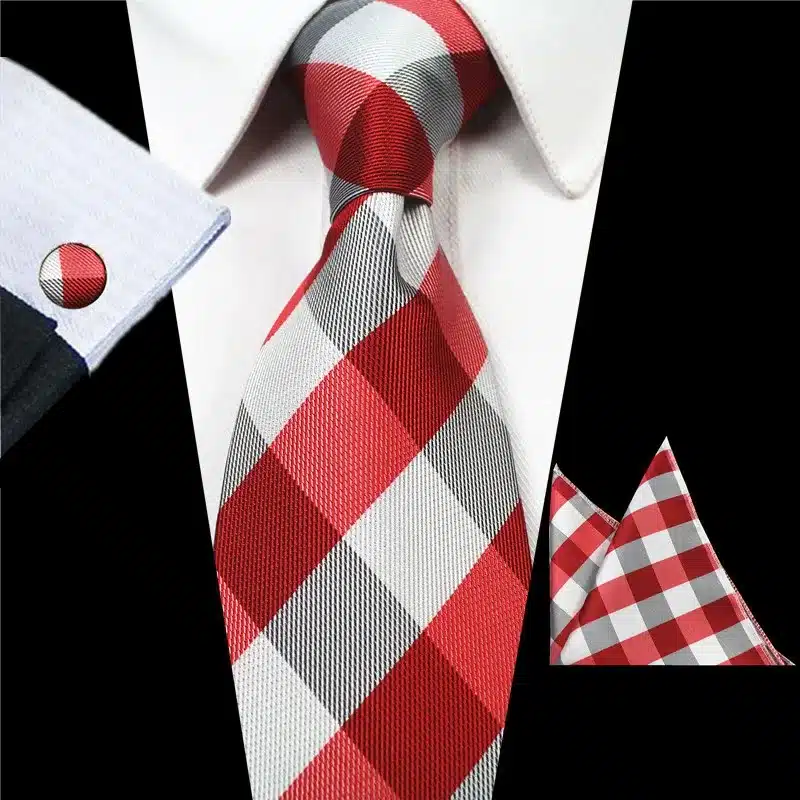 RBOCOTT 8cm Silk Jacquard Woven Mens Plaid Tie Red Paisley Tie Hanky Cufflinks Set Classic Brown Neck Ties For Wedding Business 13