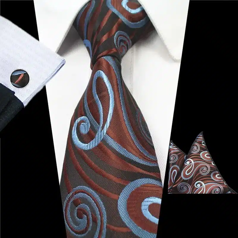 RBOCOTT 8cm Silk Jacquard Woven Mens Plaid Tie Red Paisley Tie Hanky Cufflinks Set Classic Brown Neck Ties For Wedding Business 14