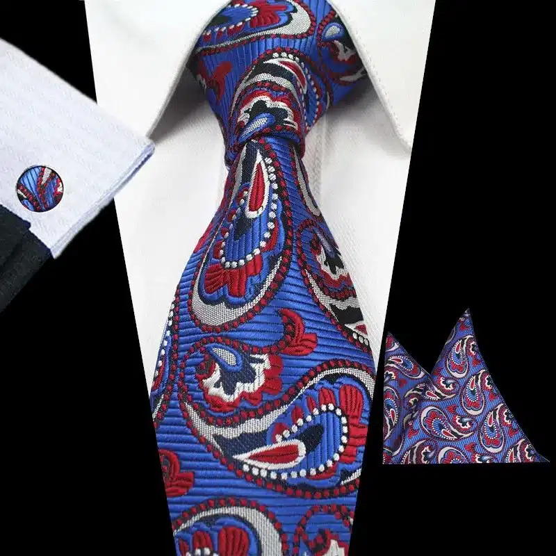 RBOCOTT 8cm Silk Jacquard Woven Mens Plaid Tie Red Paisley Tie Hanky Cufflinks Set Classic Brown Neck Ties For Wedding Business 24