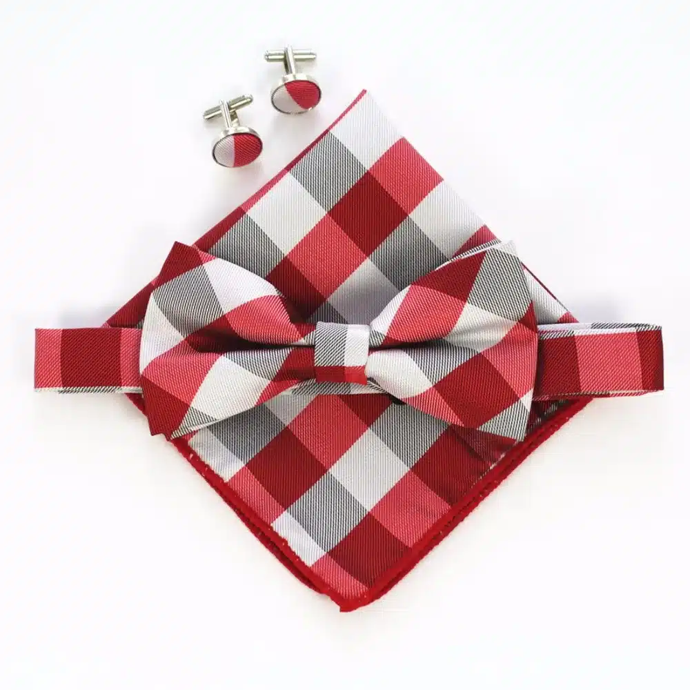 JEMYGINS Fashion Men Bow tie Cufflinks Pocket Squares Set Man Bowtie Handkerchief Set For Wedding Vintage Plaid Paisley Hanky 15
