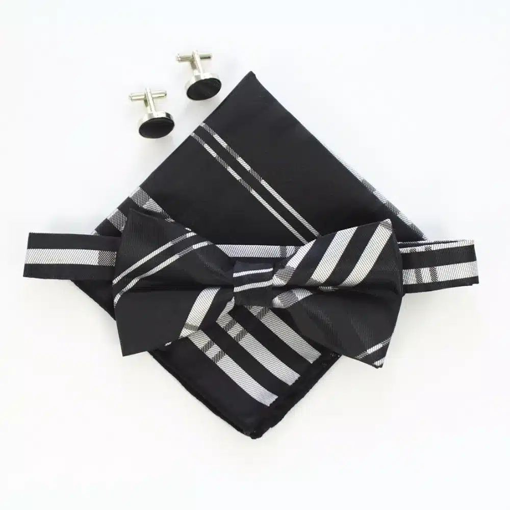 JEMYGINS Fashion Men Bow tie Cufflinks Pocket Squares Set Man Bowtie Handkerchief Set For Wedding Vintage Plaid Paisley Hanky 17