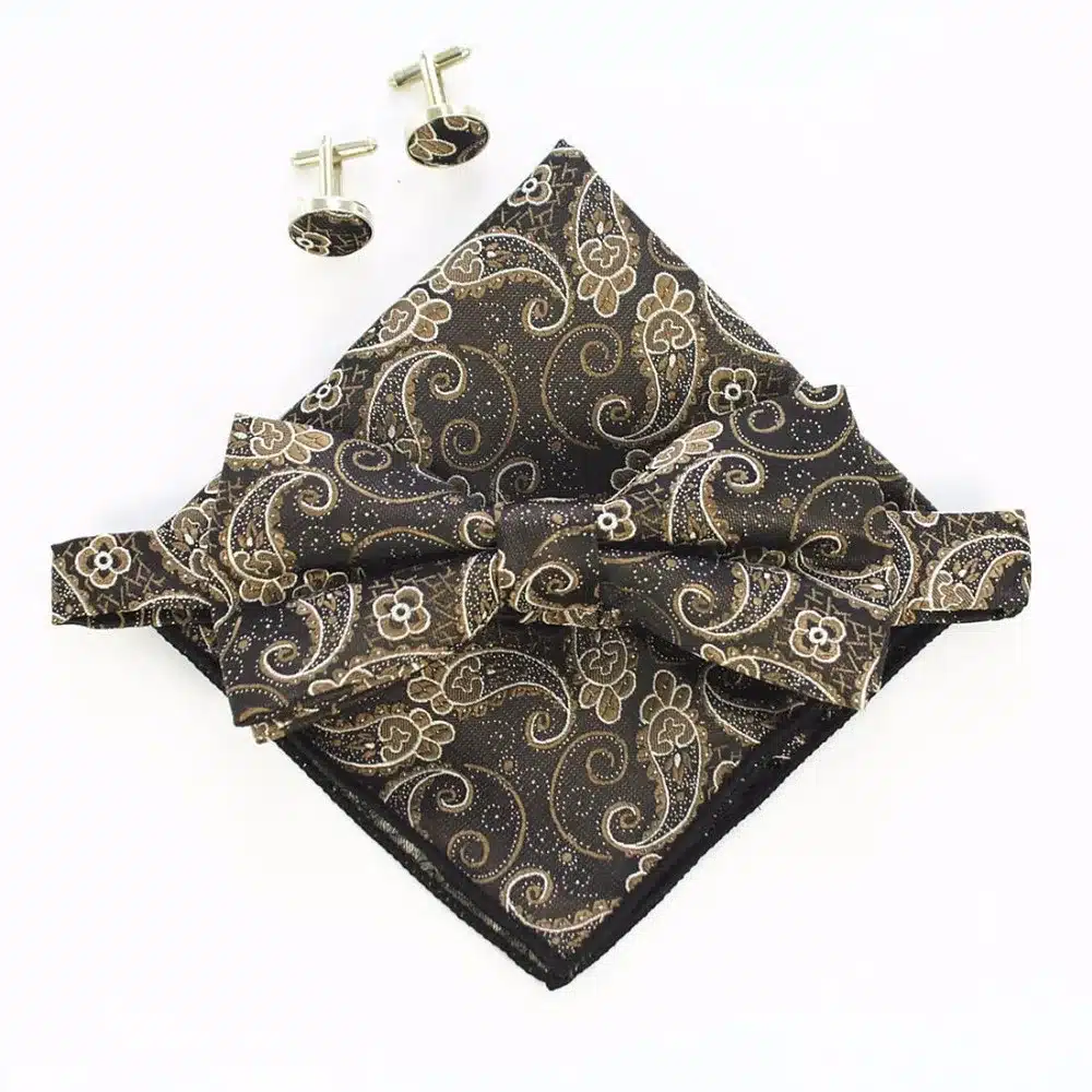 JEMYGINS Fashion Men Bow tie Cufflinks Pocket Squares Set Man Bowtie Handkerchief Set For Wedding Vintage Plaid Paisley Hanky 18