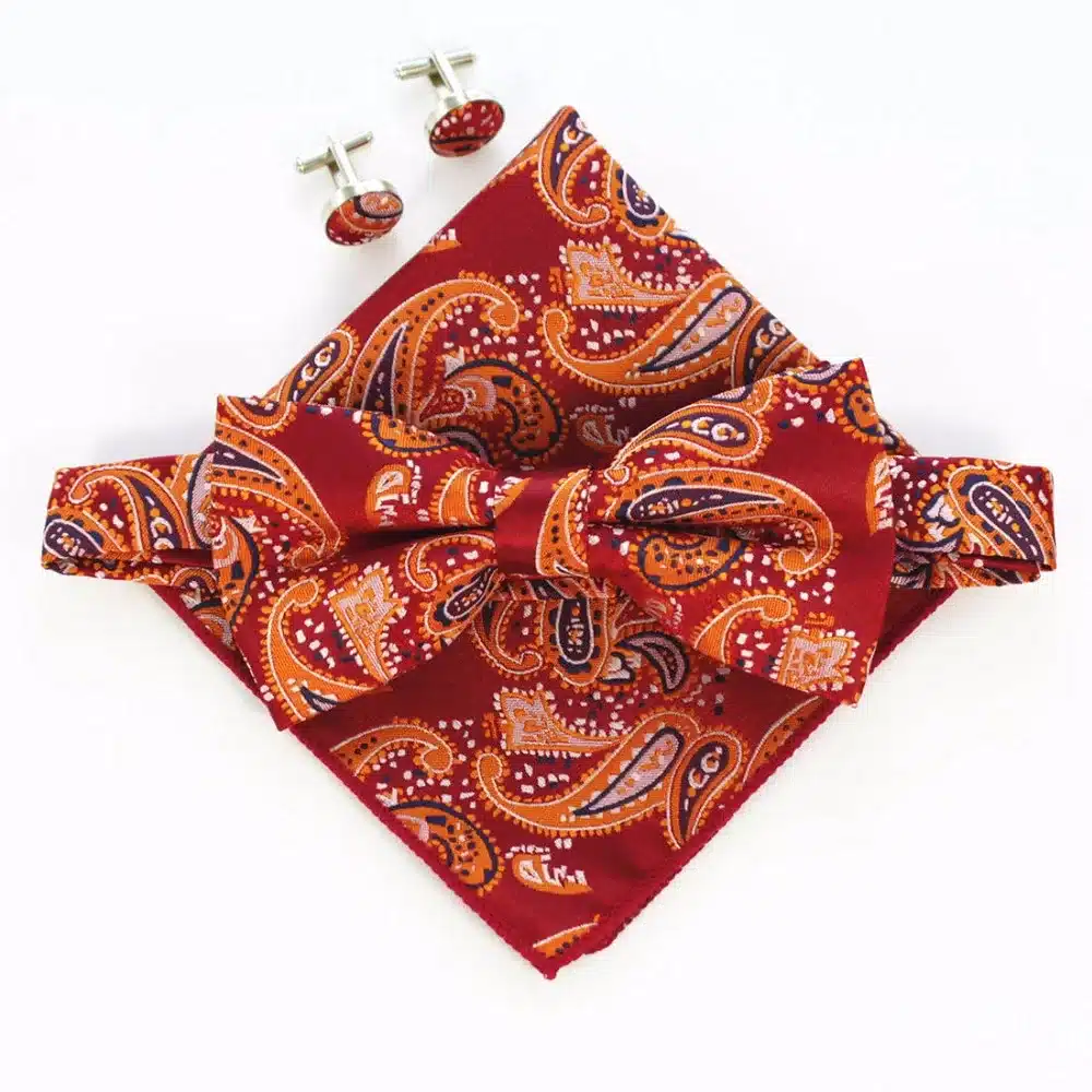 JEMYGINS Fashion Men Bow tie Cufflinks Pocket Squares Set Man Bowtie Handkerchief Set For Wedding Vintage Plaid Paisley Hanky 19