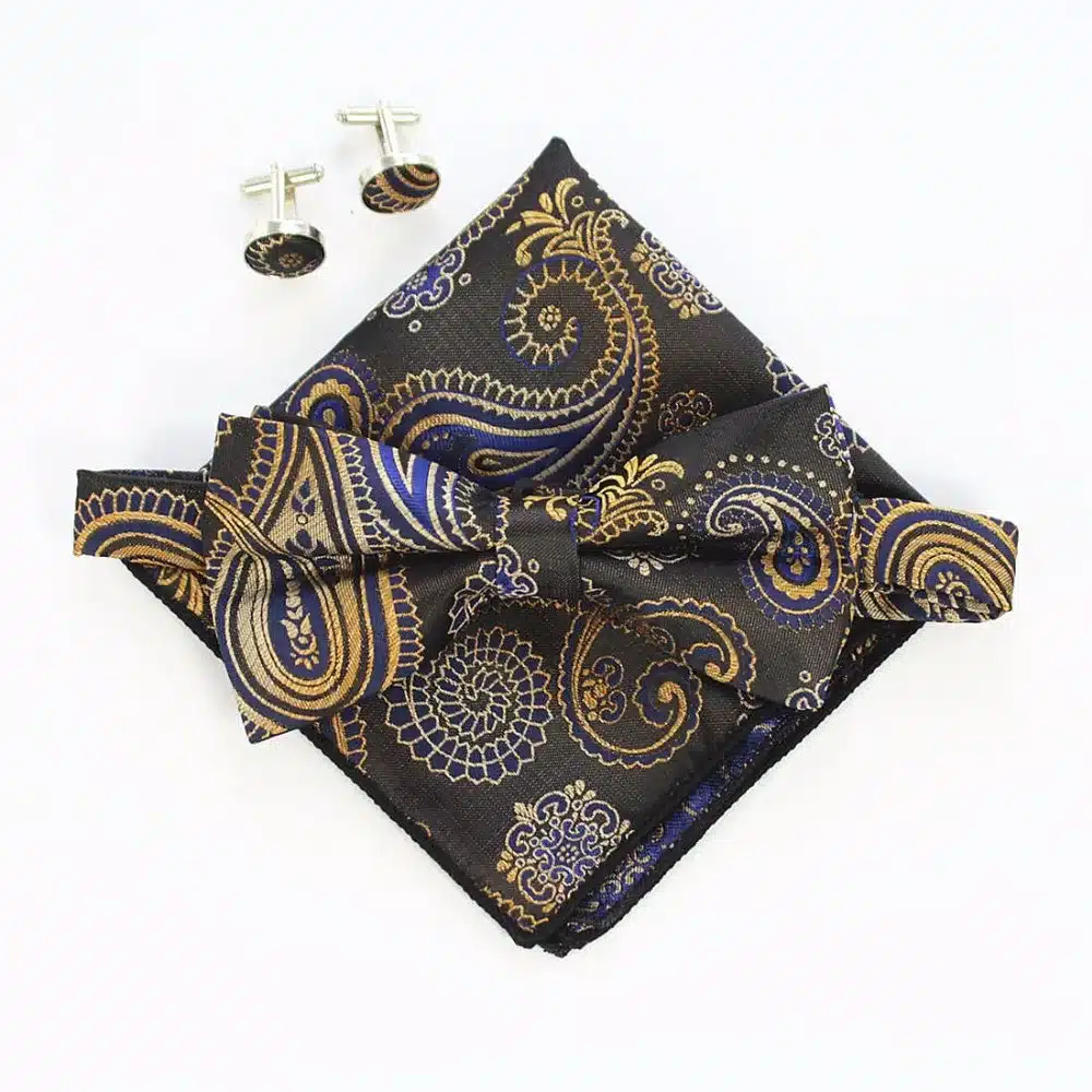 JEMYGINS Fashion Men Bow tie Cufflinks Pocket Squares Set Man Bowtie Handkerchief Set For Wedding Vintage Plaid Paisley Hanky 23