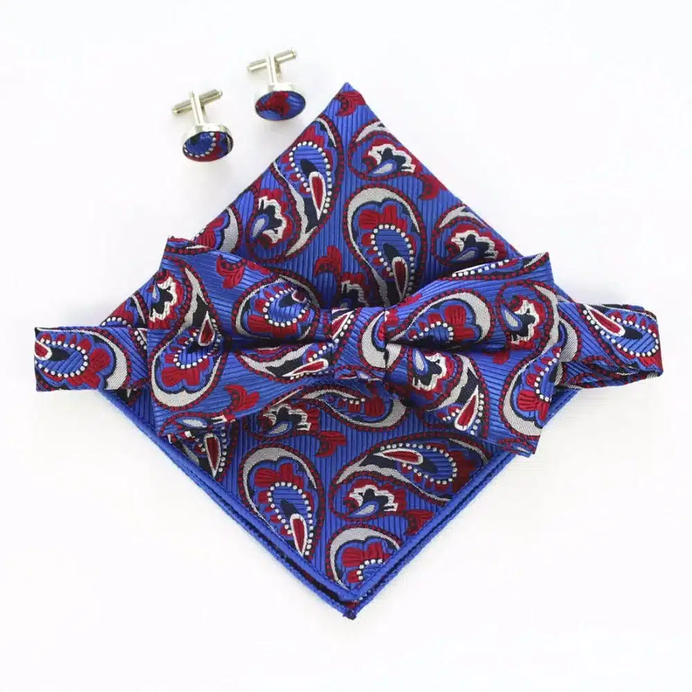 JEMYGINS Fashion Men Bow tie Cufflinks Pocket Squares Set Man Bowtie Handkerchief Set For Wedding Vintage Plaid Paisley Hanky 24