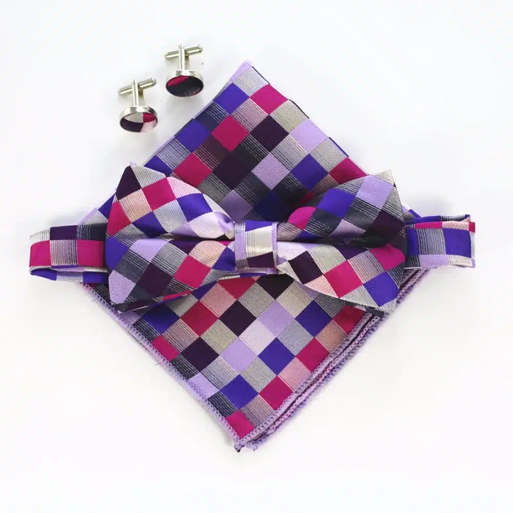 JEMYGINS Fashion Men Bow tie Cufflinks Pocket Squares Set Man Bowtie Handkerchief Set For Wedding Vintage Plaid Paisley Hanky 25