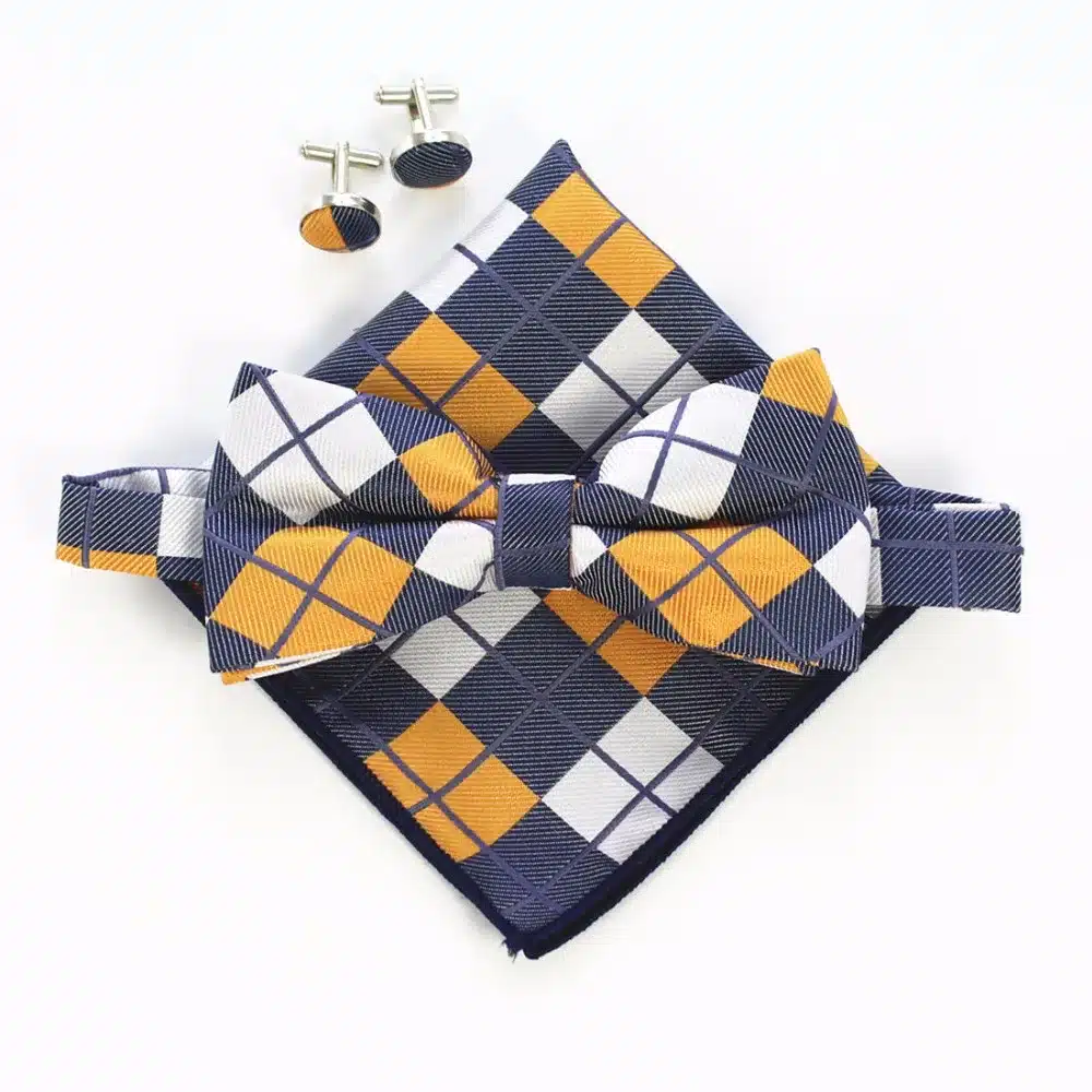 JEMYGINS Fashion Men Bow tie Cufflinks Pocket Squares Set Man Bowtie Handkerchief Set For Wedding Vintage Plaid Paisley Hanky 26