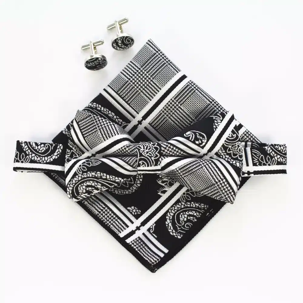 JEMYGINS Fashion Men Bow tie Cufflinks Pocket Squares Set Man Bowtie Handkerchief Set For Wedding Vintage Plaid Paisley Hanky 27