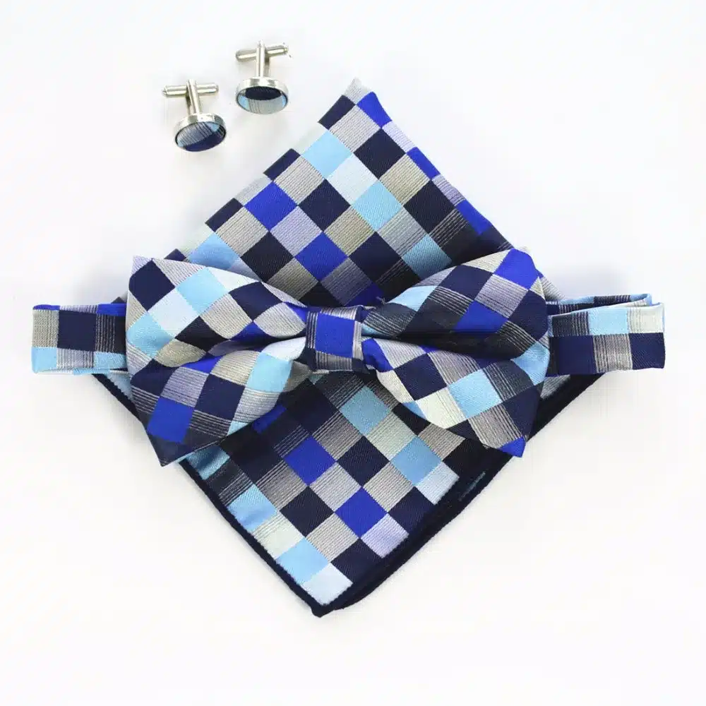JEMYGINS Fashion Men Bow tie Cufflinks Pocket Squares Set Man Bowtie Handkerchief Set For Wedding Vintage Plaid Paisley Hanky 28