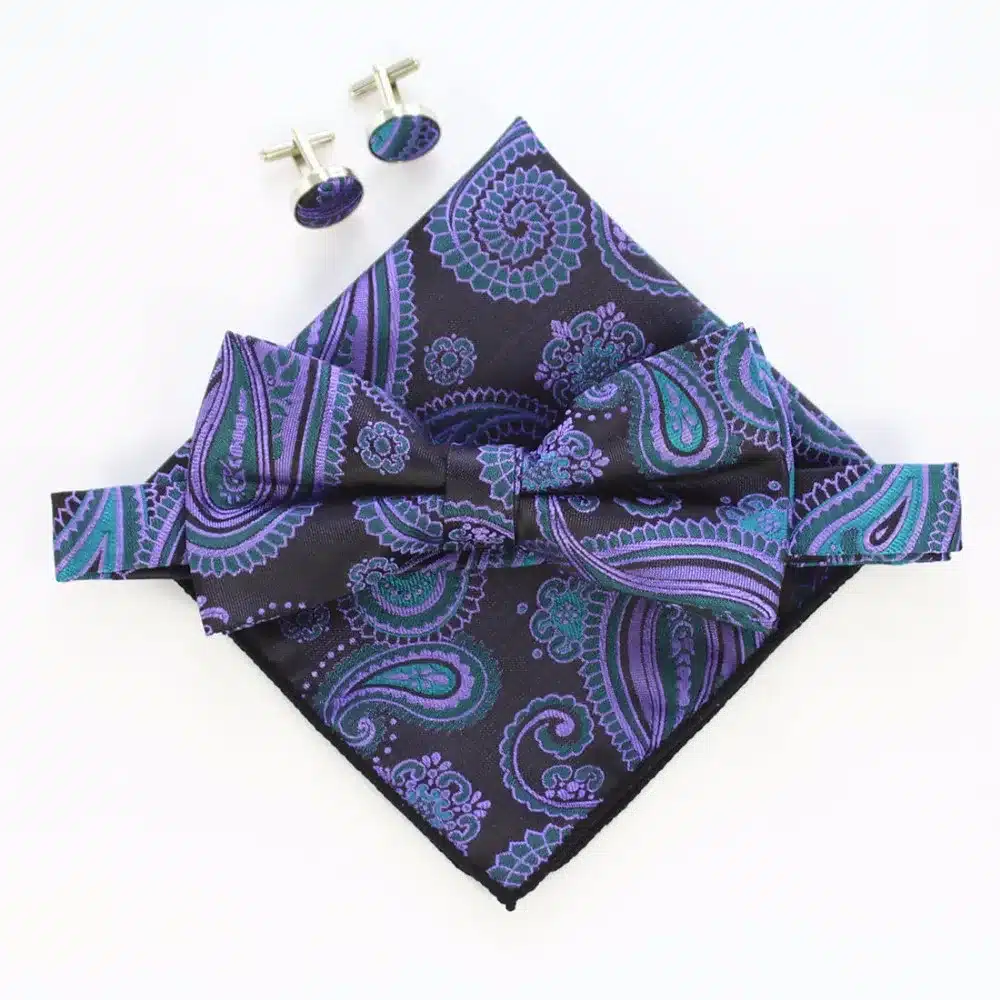 JEMYGINS Fashion Men Bow tie Cufflinks Pocket Squares Set Man Bowtie Handkerchief Set For Wedding Vintage Plaid Paisley Hanky 29