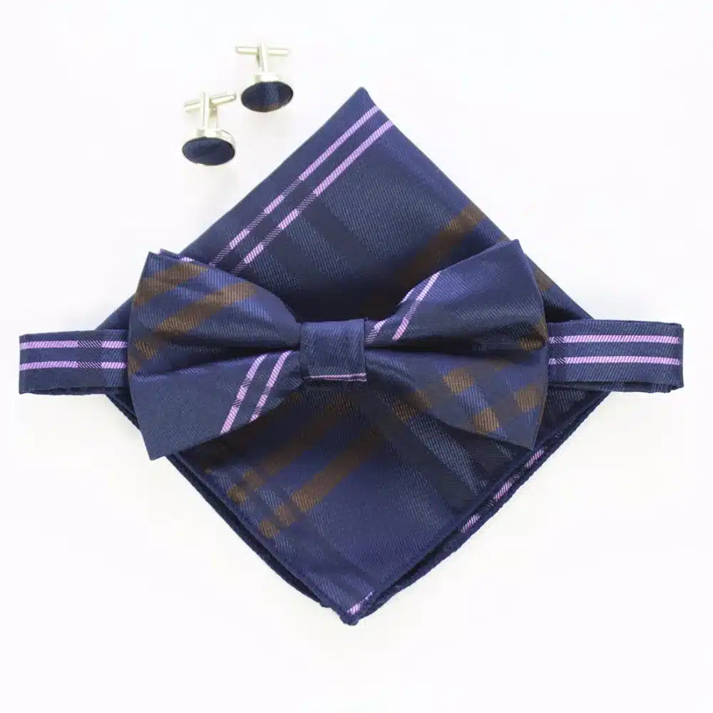 JEMYGINS Fashion Men's Cufflinks Bowtie And Pocket Squares Set Man Bow Tie Handkerchief Set For Wedding Vintage Plaid Hanky 14