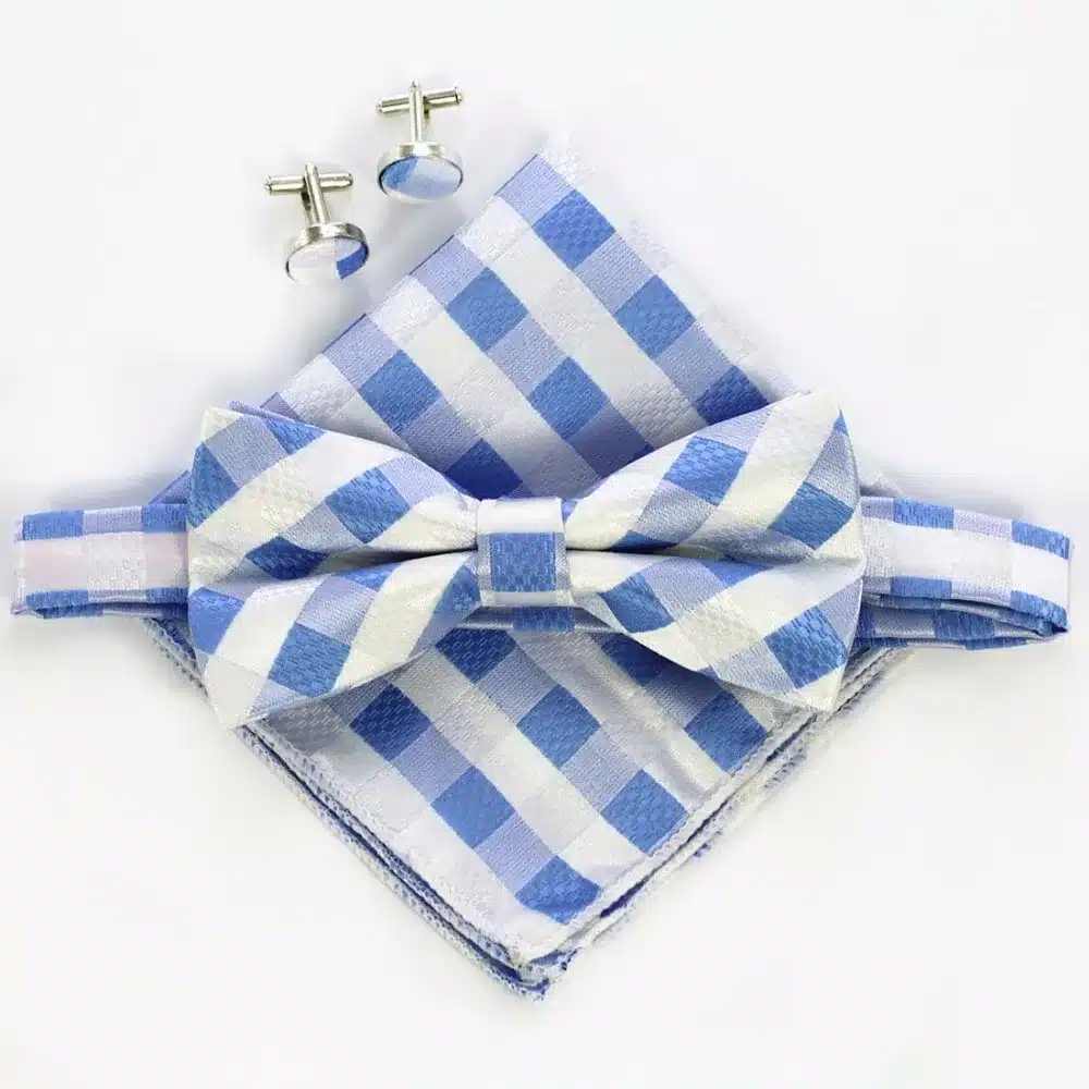 JEMYGINS Fashion Men's Cufflinks Bowtie And Pocket Squares Set Man Bow Tie Handkerchief Set For Wedding Vintage Plaid Hanky 15